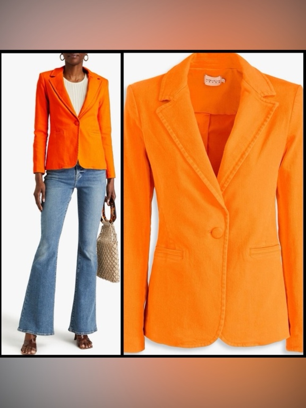 Alice + Olivia Macey Notch Lapel Classic Tailored Cotton Blazer Orange Sz 2